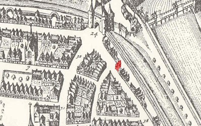 <p>Uitsnede uit de vogelvluchtplattegrond van Zwolle door Ioan Bleau, gemaakt in het midden van de 17e eeuw. De onderzochte locatie is in rood weergegeven. </p>
